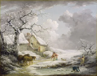 Winterlandschap met mannen die een oude vrouw bekogelen met sneeuwballen, 1790